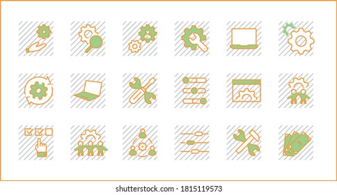 Set of Settings and Setup Vector Line Icons. Contains such Icons as Gear, Setting, Control, Iinstall, Options, Service, and more. Editable Stroke.