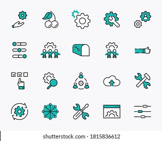 Set of Settings and Setup Vector Line Icons. Contains such Icons as Gear, Setting, Control, Iinstall, Options, Service, and more. Editable Stroke. 32x32 Pixels.