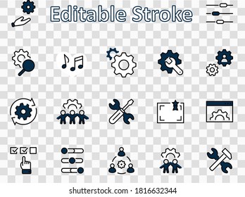 Set of Settings and Setup Vector Line Icons. Contains such Icons as Gear, Setting, Control, Iinstall, Options, Service, and more. Editable Stroke. 32x32 Pixels.