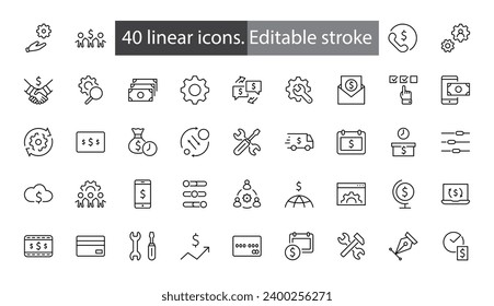 Set of Settings and Setup Vector Line Icons. Contains such Icons as Gear, Setting, Control, Iinstall, Options, Service, and more. Editable Stroke. 32x32 Pixels