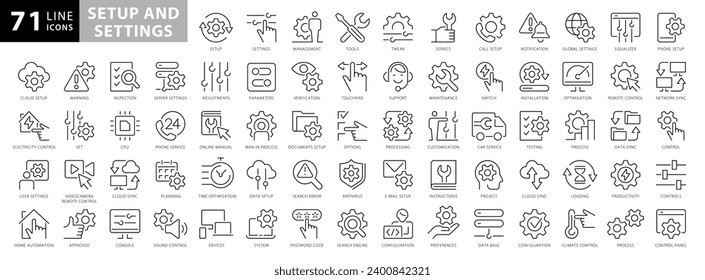 Conjunto de ajustes y iconos de línea de vectores de configuración. Contiene iconos como Engranaje, Configuración, Control, Iinstall, Opciones, Servicio y más. Stroke Editable