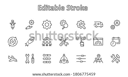 Set of Settings and Setup Vector Line Icons. Contains such Icons as Gear, Setting, Control, Iinstall, Options, Service, and more. Editable Stroke. 32x32 Pixels.