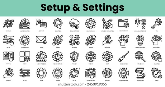 Set of setup and settings icons. Linear style icon bundle. Vector Illustration