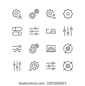 Set of setup and settings related icons, installation, wizard, restore options, download, upload and linear variety vectors.