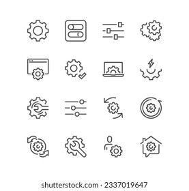 Set of setup and settings related icons, installation, wizard, restore options, download, upload and linear variety vectors.