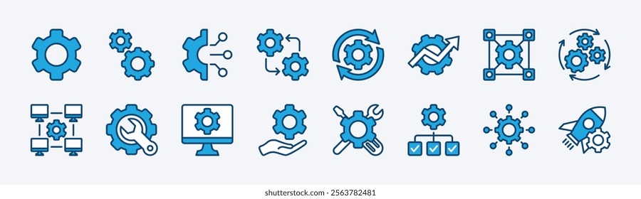 Set of setup and settings system icon. Containing options, configuration, technology, process, maintenance, installation, engineering, mechanism, customization, optimization. Vector illustration