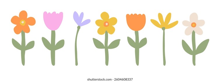 Set of seven abstract flowers in a modern style. Cute and simple design with flowers in pastel colors. Perfect for cards, posters and social media. Vector illustration