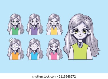 set of seven anime emotions faces