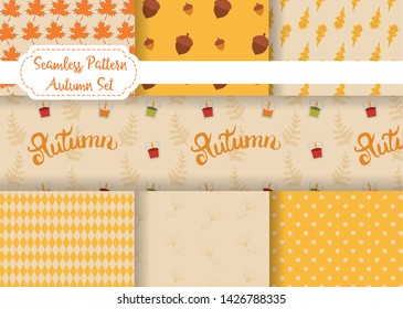 Set of seven autumn vector seamless patterns. Endless texture can be used for web design, printing onto fabric and paper. Beige, yellow, orange, green, red and brown colors. Swatches included