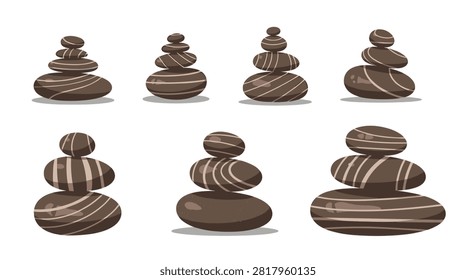 Set of seven balanced zen stone stacks representing meditation, harmony, and mindfulness on a white background.