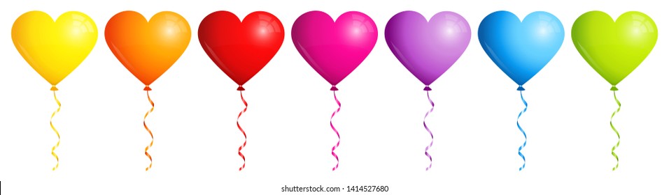Set Of Seven Ballons Hearts Rainbow Color