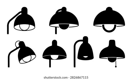 Set of seven black desk lamps showcasing various adjustable designs and angles, ideal for workspace or study area illumination.