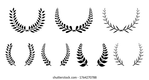 Set of seven black silhouette circular laurel foliate, wheat and oak wreaths depicting an award, achievement, heraldry, nobility emblem floral greek branch in flat style on white background