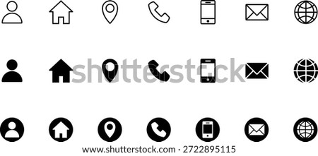 Set of seven black and white for contact information and web person user profile silhouette outline