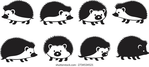 A set of seven black and white hedgehog silhouettes in different poses and facial expressions on a white background