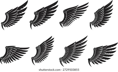 A set of seven black wing silhouettes arranged in two rows on a plain white background, showcasing various wing positions.