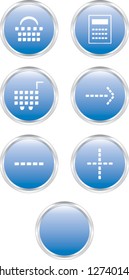 Set of seven blue circle-shaped web buttons suitable for web shop / ecommerce purposes; isolated (vector)