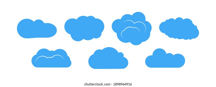 Satz von sieben blauen Wolken auf weißem Hintergrund. Vektorgrafik.