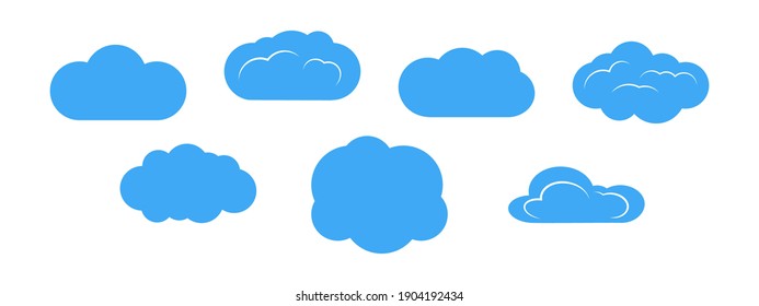 Conjunto de siete nubes azules sobre fondo blanco. Ilustración vectorial.