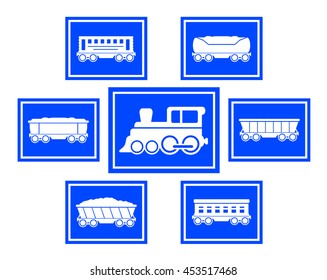 set of seven blue concept train icons