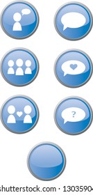 Set of seven blue web buttons depicting symbols of communication (vector)