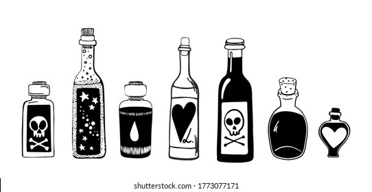 Set of seven bottle. Love, hate, dead, live. Hand drawn stock vector illustration. Retro style ink sketch.