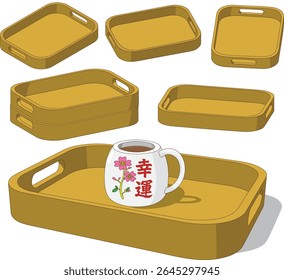 A set of seven brown wooden serving trays, each with small side handles and arranged at different angles. A charming white ceramic mug with a floral design and "Good Luck" text rests on one tray.