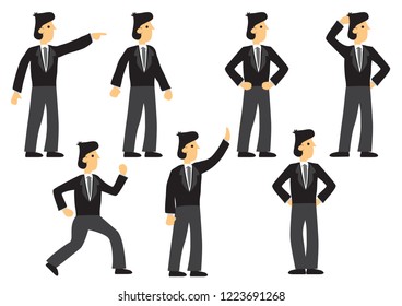 A set of seven businessman in different expression and pose. Isolated vector illustration.