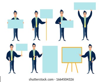 Set, seven businessmen in different poses show a blank poster. In minimalist style. Cartoon flat vector illustration