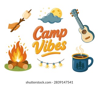 Set of seven camping compositions including hand roasting marshmallow, moon behind clouds, ukulele, burning campfire, Camp Vibes lettering, glowing string lights and steaming mug. Perfect for posters, stickers, apparel, invitations and outdoor adventure designs. Cartoon vector illustration on white background.

