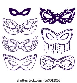 set of seven carnival mardi gras mask, hand drawn vector illustration 