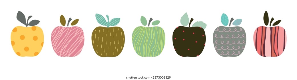 Set of seven cartoon abstract apple on white background. Vetor illustration