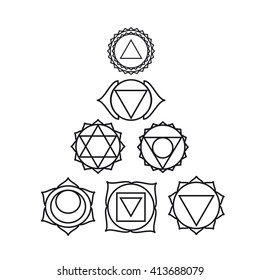 Set of seven chakras icons.Yoga,meditation and energy centers vector simbols.Muladhara,svadhisthana,swadhisthana,manipur,manipura,anahata,vishuddha,vishudha,ajna,sahasrara,akasha,third eye chakras  
