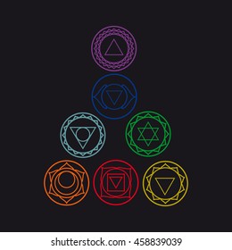 Set of seven chakras icons.Yoga,meditation and energy centers vector simbols.Muladhara,svadhisthana,swadhisthana,manipur,manipura,anahata,vishuddha,vishudha,ajna,sahasrara,akasha,third eye chakras  
