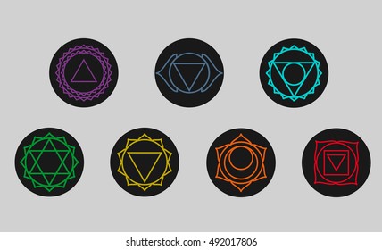 Set of seven chakras icons.Yoga,meditation and energy centers vector simbols.Muladhara,svadhisthana,swadhisthana,manipur,manipura,anahata,vishuddha,vishudha,ajna,sahasrara,akasha,third eye chakras 


