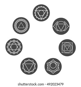 Set of seven chakras icons.Yoga,meditation and energy centers vector symbols.Muladhara,svadhisthana,swadhisthana,manipur,manipura,anahata,vishuddha,vishudha,ajna,sahasrara,akasha,third eye chakras 