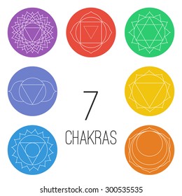 Set of seven chakras on the colorful shapes. Linear character illustration of Hinduism and Buddhism. For design, associated with yoga and India.