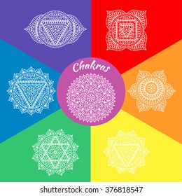 Set of seven chakras. Oriental ornaments for henna tattoo and for your design. Buddhism decorative elements. Vector illustration.