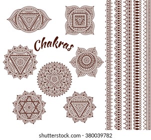 Set of seven chakras. Oriental ornaments and borders for henna tattoo and for your design. Buddhism decorative elements. Vector illustration.