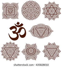 Set of seven chakras. Oriental ornaments for henna tattoo and for your design. Buddhism decorative elements. Vector illustration.