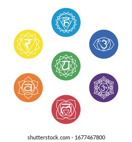 Set of the seven chakras for spiritual practices. Colored symbols of the seven chakras.