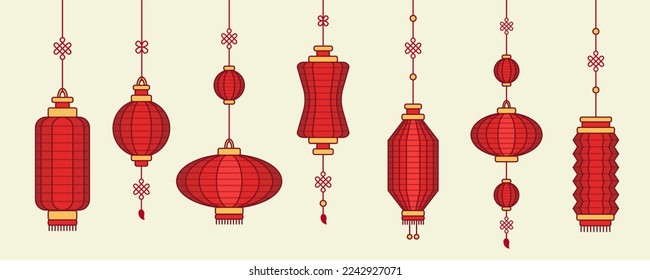 Set of seven Chinese lanterns, red paper lanterns, east culture objects, vector elements, holiday decorations.