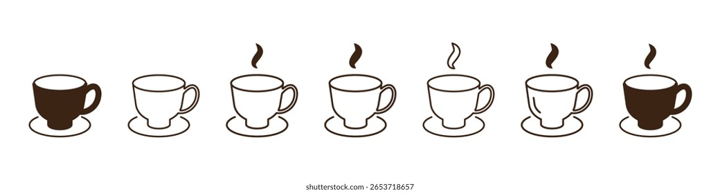 Set of seven Coffee Cup linear icons isolated on transparent background. Love coffee icons. Coffee with steam, coffee cup design vector illustration. 