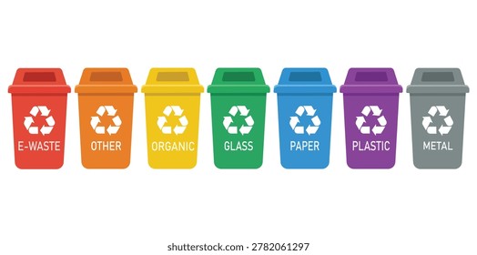 Set of seven color-coded recycling bins labeled e-waste other organic glass paper plastic and metal with universal recycle symbol for waste sorting education and environmental awareness
