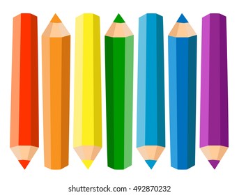 Set Of Seven Colored Pencils On White Background. Vector illustration.