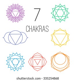 Set of seven colorful chakras. Linear character illustration of Hinduism and Buddhism. For design, associated with yoga and India.