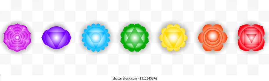 Set of seven colorful chakras symbols isolated on transparent background. Object for design