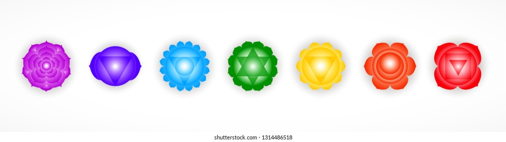 Set of seven colorful chakras symbols isolated on white background. Object for design