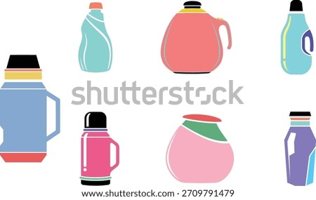 Set of seven colorful flat vector illustrations of various household bottles and thermos flasks, ideal for packaging mockups, branding, and beverage or detergent label design.