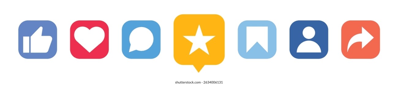 Set of seven colorful social media action icons including like, love, comment, favorite, save, profile, and share in square and speech bubble shapes for UI design and digital engagement tools